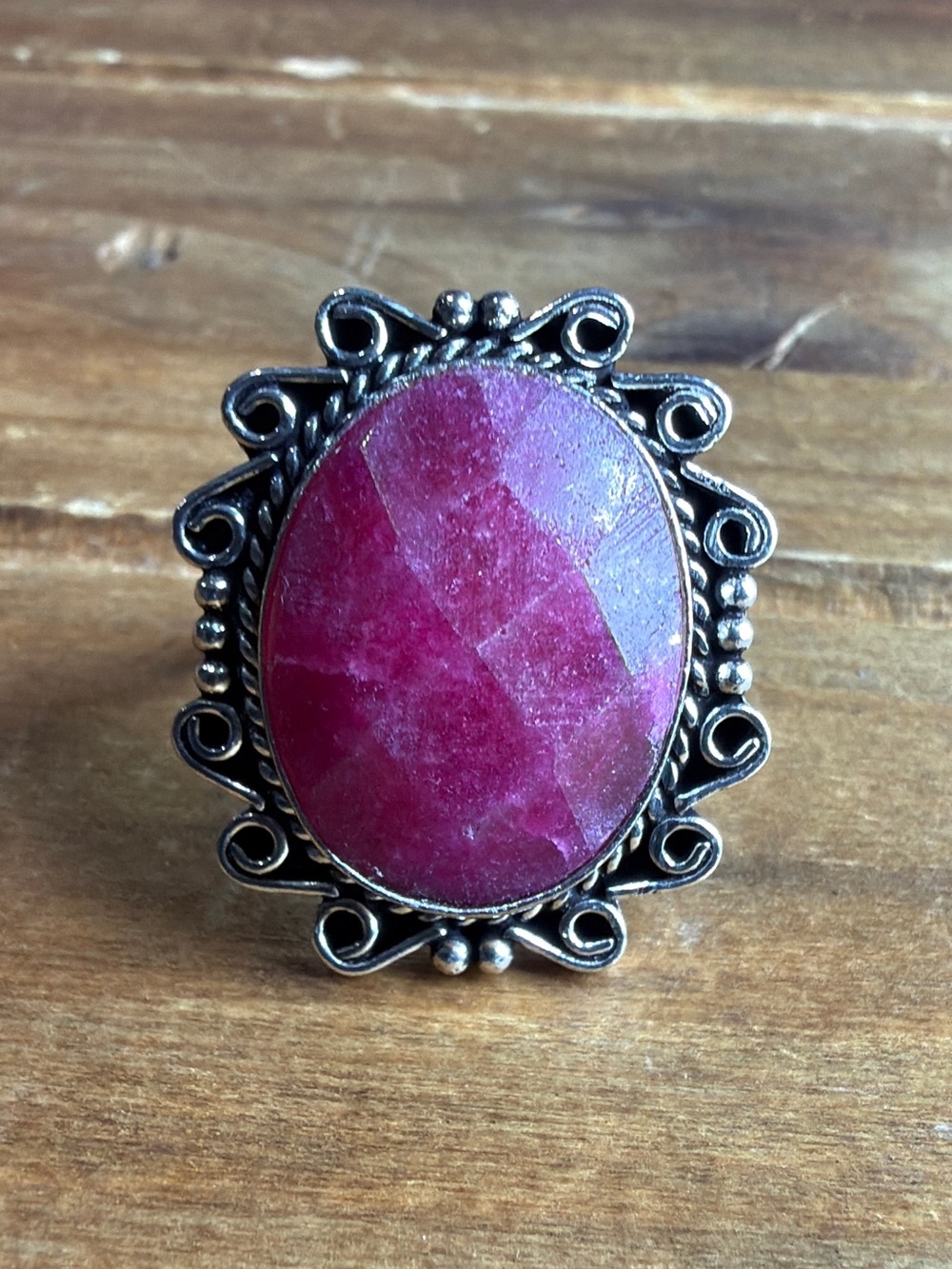 Boho Vintage Style Raw Ruby Gemstone Ring Size 9 Silver Overlay Women Jewelry